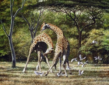 動物 Painting - キリンと鳥の決闘